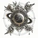 An intricate glyph design with elements of Saturn and Earth, creating a celestial and earthy fusion tattoo design idea
