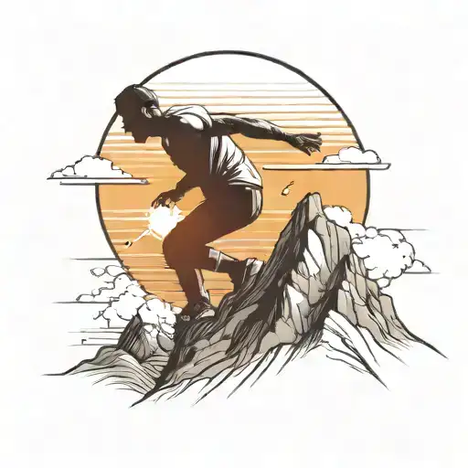 A man struggling to climb up Mountain With A Sunset In The Background tattoo design idea