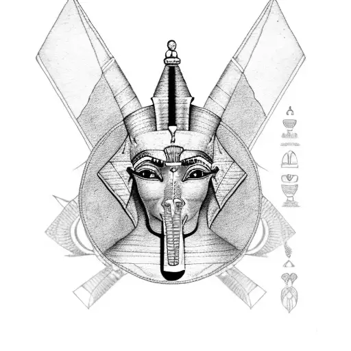 Egyptian pharaoh with Anubis and the eye of Horus shaded around the 3 pyramids  tattoo design idea