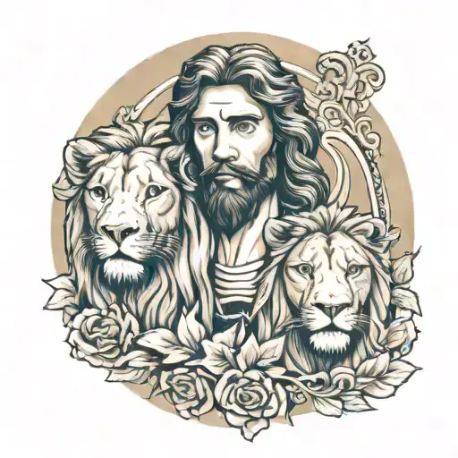 potrait of lion and jesus christ with cross made tattoo design idea