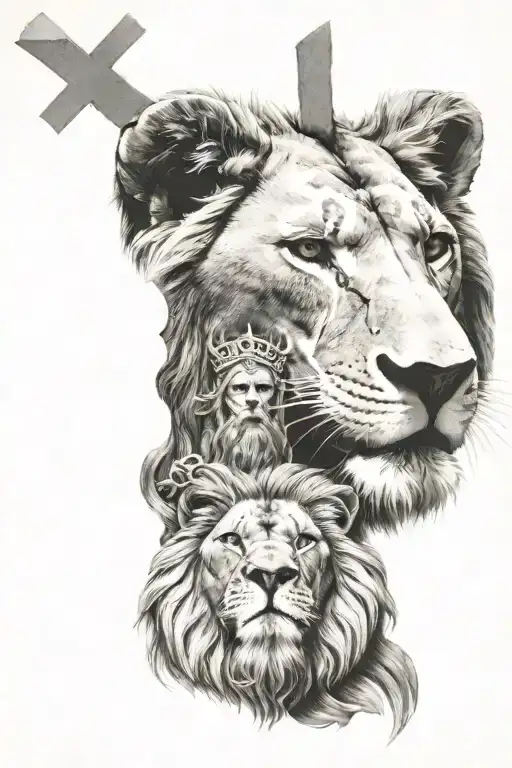 potrait of lion and jesus christ with cross made entirely tattoo design idea