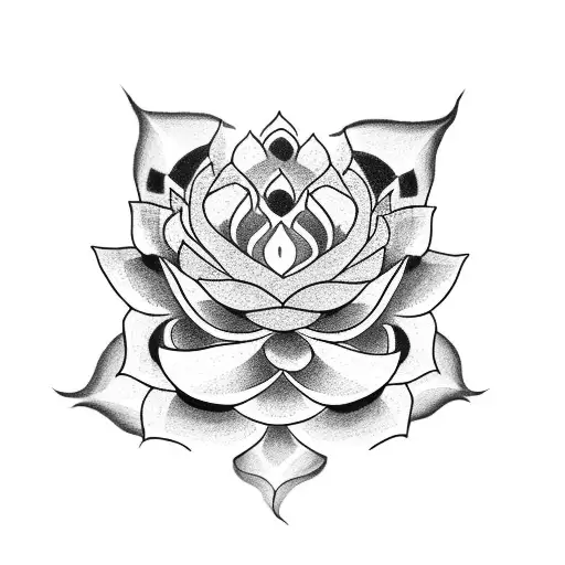 A blackwork tattoo of a snake coiled around a blooming lotus flower tattoo design idea