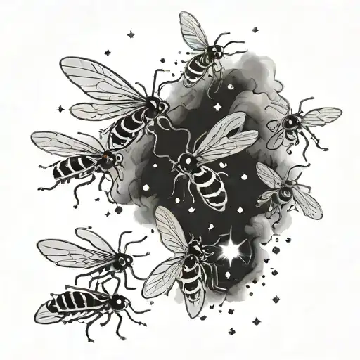 A mesmerizing black and grey tattoo of fireflies forming a constellation in the night sky tattoo design idea