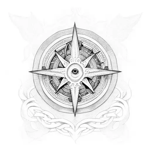 An intricate dotwork tattoo of the White Tree of Gondor intertwined with a naval compass tattoo design idea