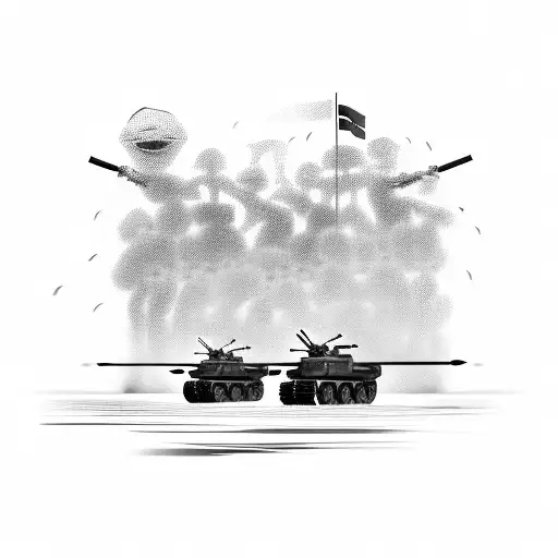 A football field with army tanks as goal posts and soldiers playing tattoo design idea