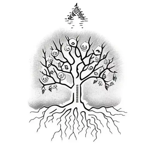 A tree with roots forming the word 'Sobriety' and branches with positive affirmations tattoo design idea