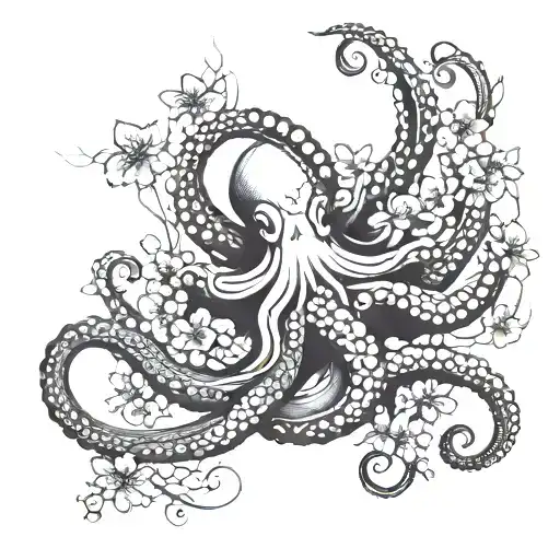 An intricate octopus intertwining with traditional Japanese cherry blossoms and waves, symbolizing the client's love for both Japan and marine life tattoo design idea