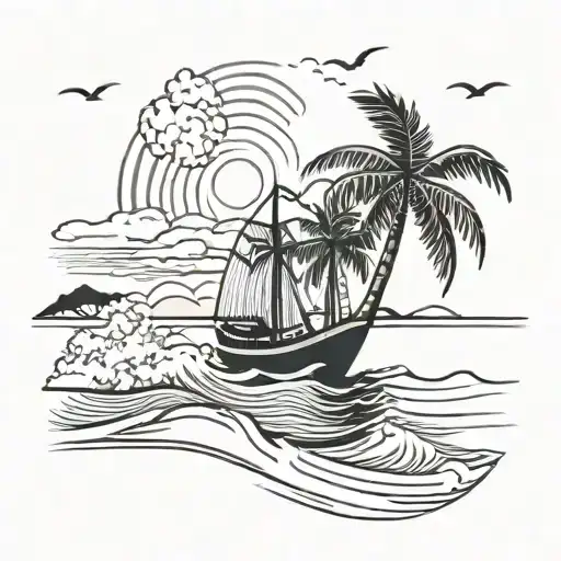 New-school style beach scene with palm trees and a boat sailing on the horizon tattoo design idea