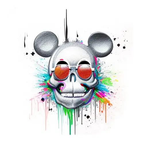 melted mickey mouse face with skull tattoo design idea