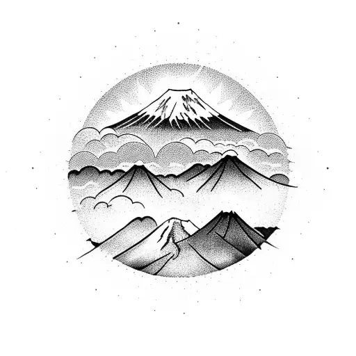 red sun with mount fuji in the middle and clasic oriental clouds around  tattoo design idea