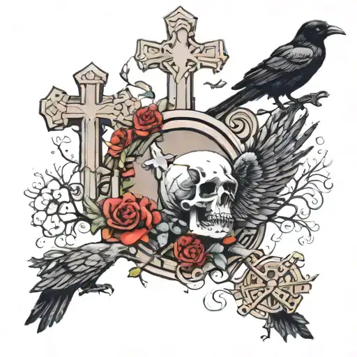 sukuub in a cemetery with crosses and crows tattoo design idea