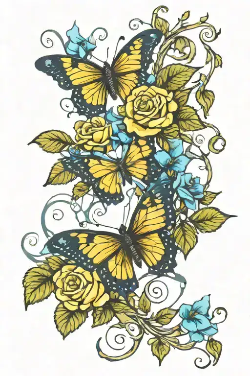butterfly, vines growing, and yellow blue roses tattoo design idea