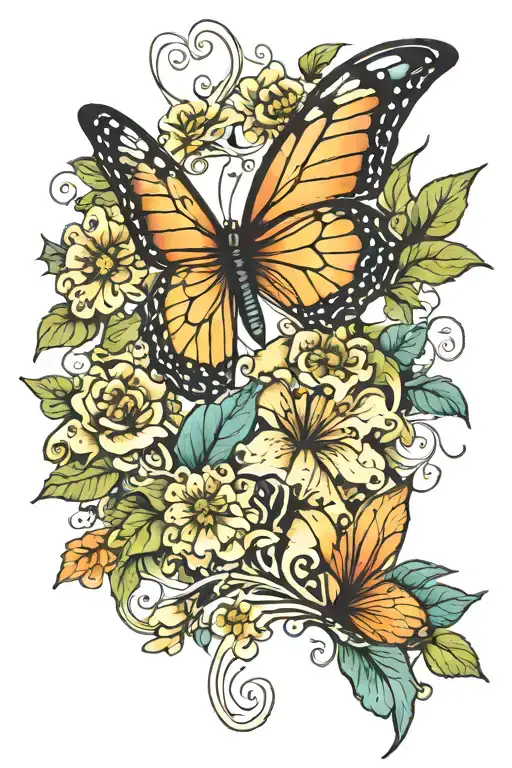 butterfly wings on flower and vines tattoo design idea