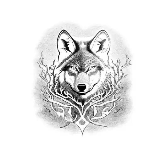 A blackwork tattoo of a fierce wolf surrounded by eerie forest trees tattoo design idea