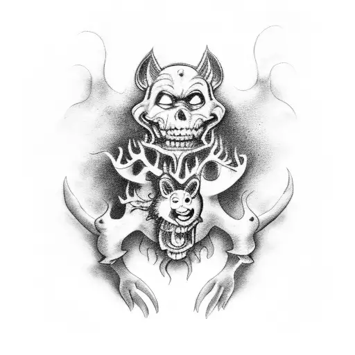 A black-grey tattoo of a haunted mansion with ghostly animals roaming the grounds tattoo design idea