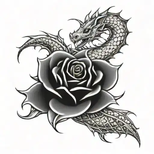 rose with thorns and long dragon wrapping it  tattoo design idea