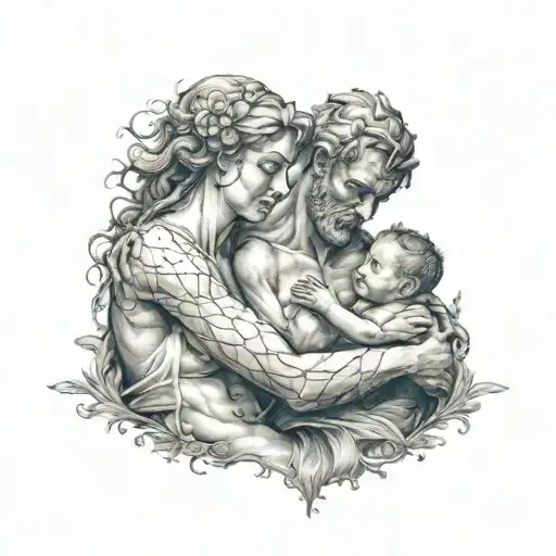 dyonysius holding Aphrodite in his lap that had scars on her arms  tattoo design idea