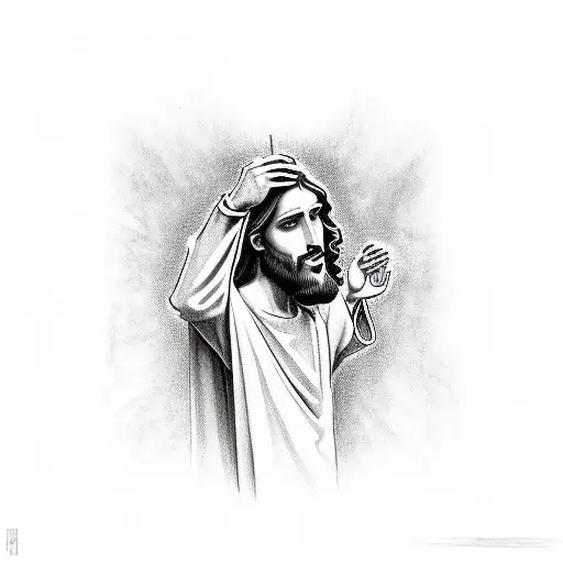 Jesus holding out his had crying while a guy shooting up drugs is in his hand tattoo design idea