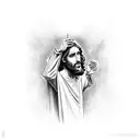 Jesus holding out his had crying while a guy shooting up drugs is in his hand tattoo design idea