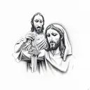 Jesus holding out his had crying while a guy shooting up drugs is in his hand tattoo design idea