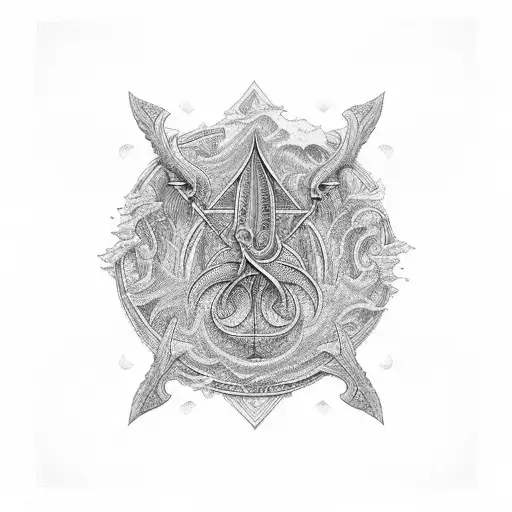 An intricate river landscape with a hidden trident symbolizing strength tattoo design idea