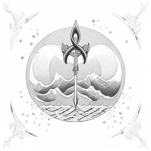A majestic trident rising from a serene lake, representing the client's love for water tattoo design idea