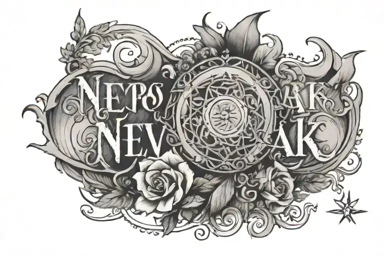 a black and white tattoo with the name nevorak, transparent background tattoo design idea
