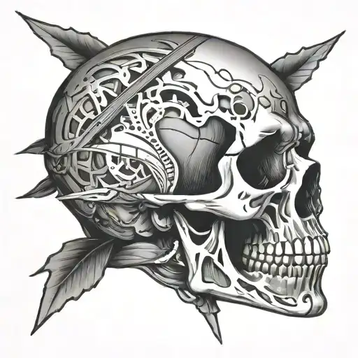 skull without a lower jaw with two crossed scientific pippetts underneath the skull tattoo design idea