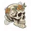 skull without a lower jaw with two crossed scientific pippetts underneath the skull tattoo design idea