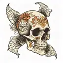 skull without a lower jaw with two crossed scientific pippetts underneath the skull tattoo design idea