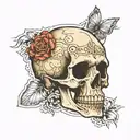 skull without a lower jaw with two crossed scientific pippetts underneath the skull tattoo design idea
