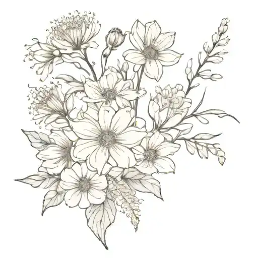 a tattoo bouquet of a chrysanthemum, honey suckle, gladiolus, larkspur, and carnation. The tattoo should be black & whit tattoo design idea
