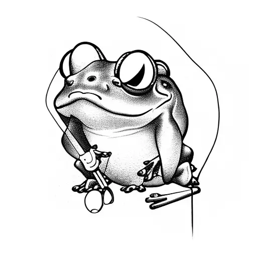 Blackwork Frog Fishing With Fishing Pole On A Tattoo Idea