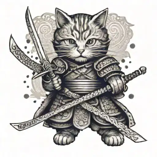 A cat in samurai armor with a sword going tattoo design idea
