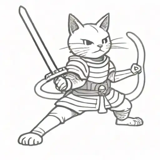 A cat in samurai armor with a sword going tattoo design idea