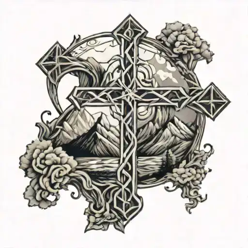 A detailed blackwork tattoo of a cross intertwined with a mountain landscape, inspired by Galatians 2:20 tattoo design idea