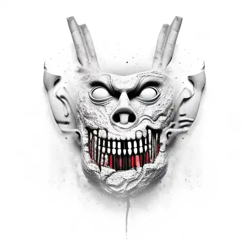 surrealistic half-smiling half-broken theater mask, incorporating neo-traditional, gore, and surreal elements tattoo design idea