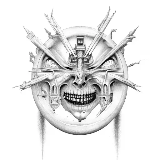 surrealistic half-smiling, half-broken theater mask, incorporating neo-traditional, gore, and surreal elements tattoo design idea