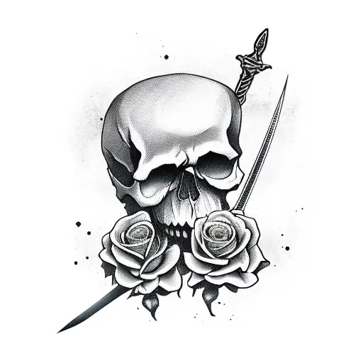 skull with sword and rose tattoo design idea