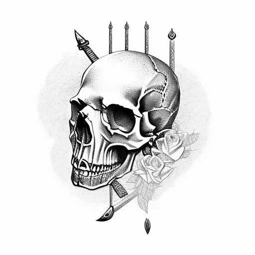 skull with sword and rose tattoo design idea