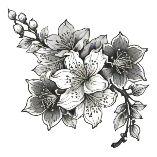 Black and white outline flowers including but limited to cherry blossoms that curve to fit on the side of the hip starti tattoo design idea
