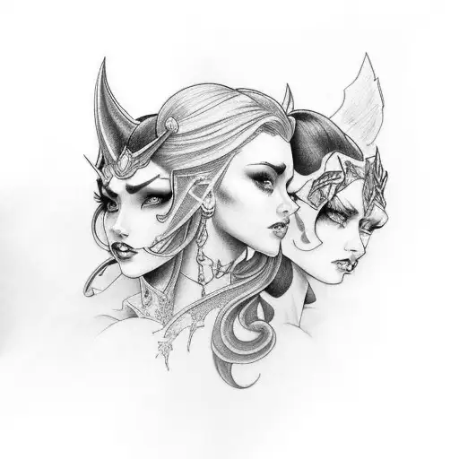 half sleeve based on female characters from Hades video game tattoo design idea