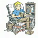 Fallout Vault Boy reading sitting on novels, idea surrounding him (from Dune, LoTR, mistborn, Mario Bros, Skyrim)  tattoo design idea