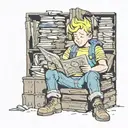 Fallout Vault Boy reading sitting on novels, idea surrounding him (from Dune, LoTR, mistborn, Mario Bros, Skyrim)  tattoo design idea