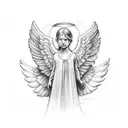 angel wings with halo with the name "Mary Cole" below the wings tattoo design idea