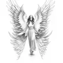 angel wings with halo with the name "Mary Cole" below the wings tattoo design idea