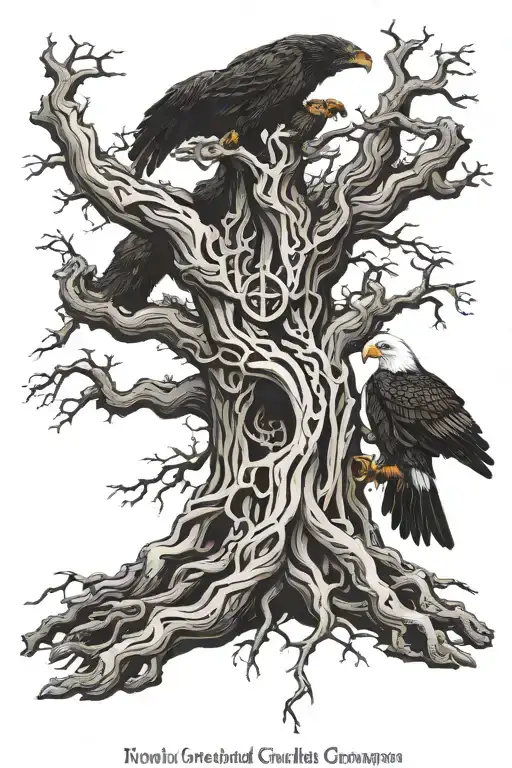 The Norse wrym Nidhögg biting the roots of the tree Yggdrasil. On top of the tree sits Hræsvelgr the eagle watching over tattoo design idea