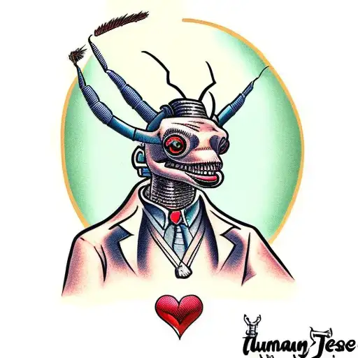 human in suit with giant ant head tattoo design idea