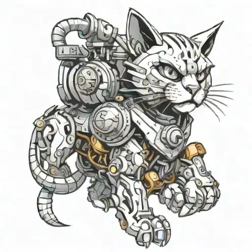 mechanical cat warrior tattoo design idea