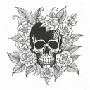 A blackwork tattoo design combining flowers and skulls in a symmetrical pattern tattoo design idea